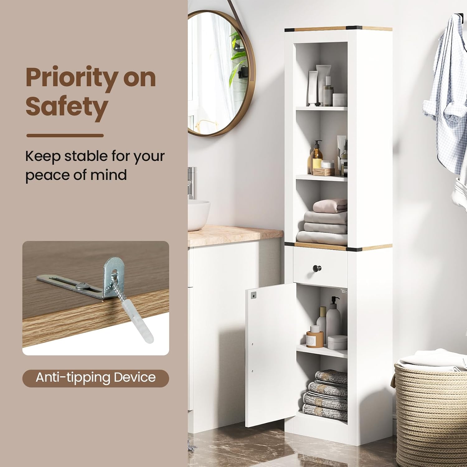 Farmhouse Tall Bathroom Cabinet Drawer Shelf Unit White Brown