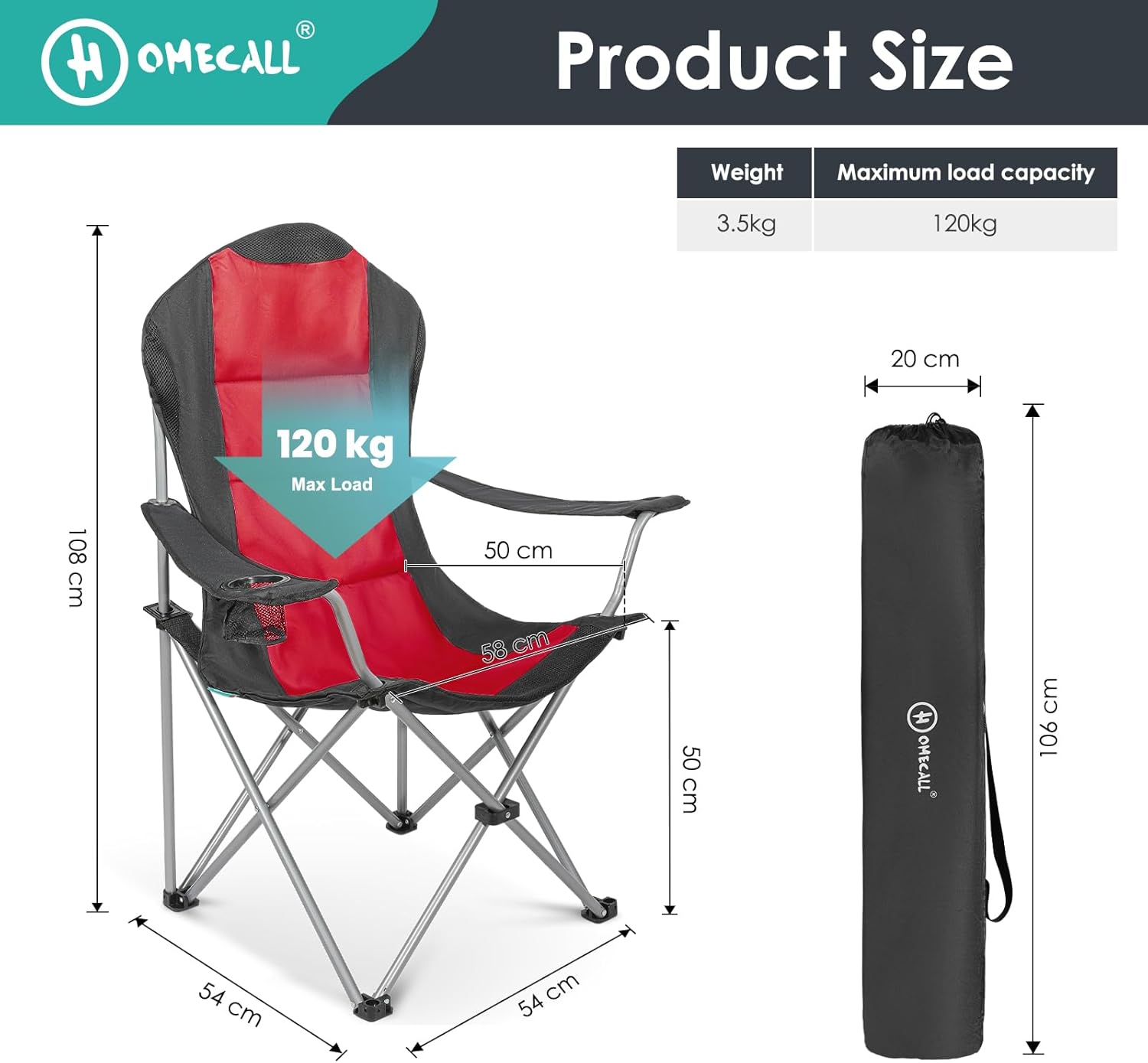 Padded Folding Camping Chair with Cup Holder Carry Bag Red