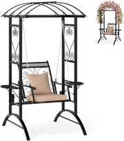 Porch Swing with Stand Canopy Side Tables Beige Black