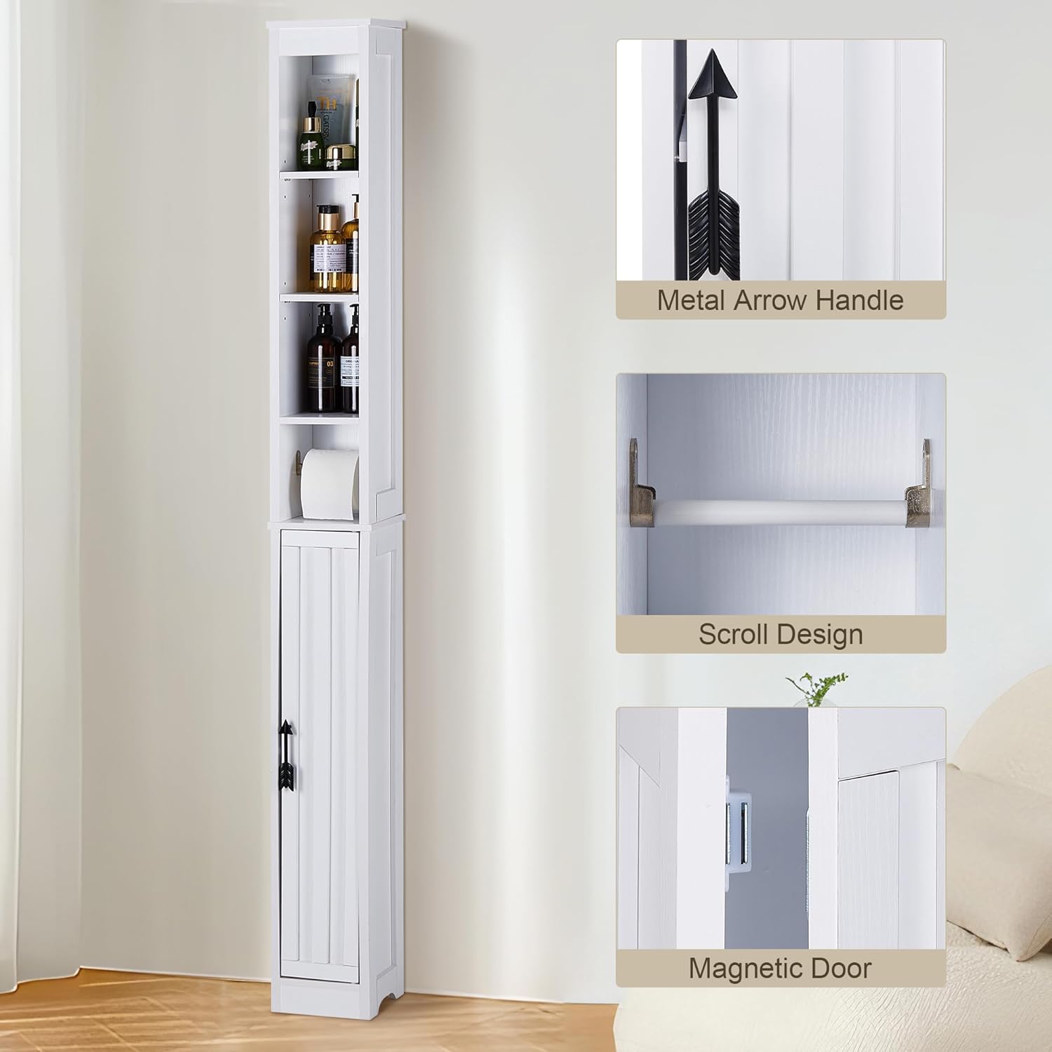 Slim Tall Bathroom Storage Cabinet 6 Shelf Cupboard White
