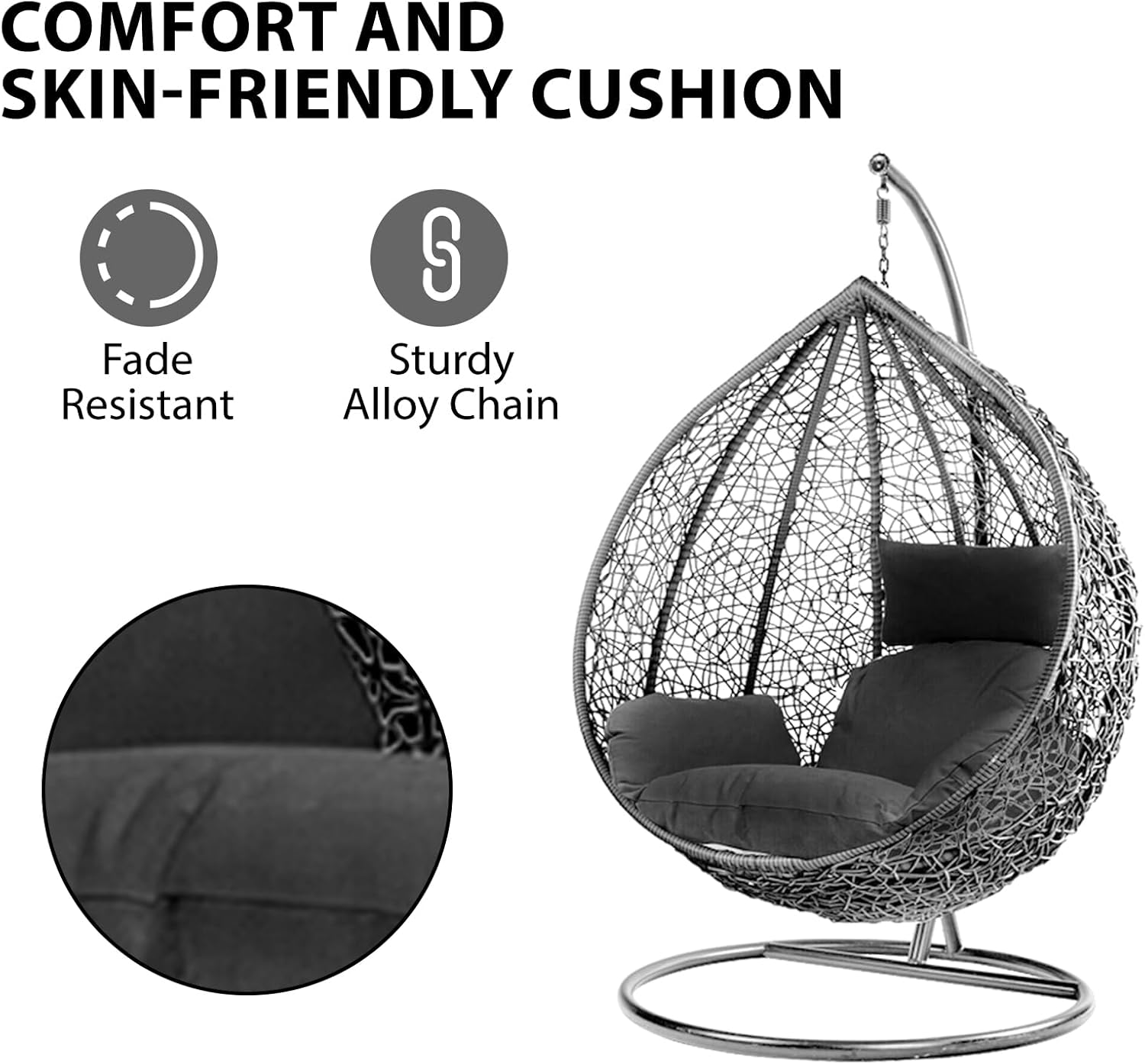 Rattan Hanging Egg Chair with Stand Cushion Grey White