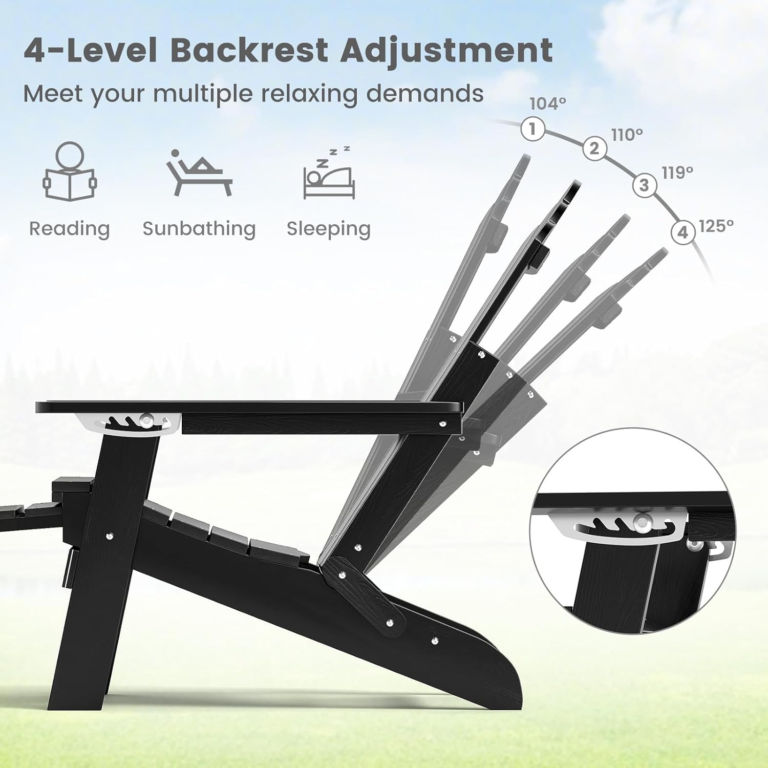 Adirondack Garden Lounge Chair Adjustable Footrest Black