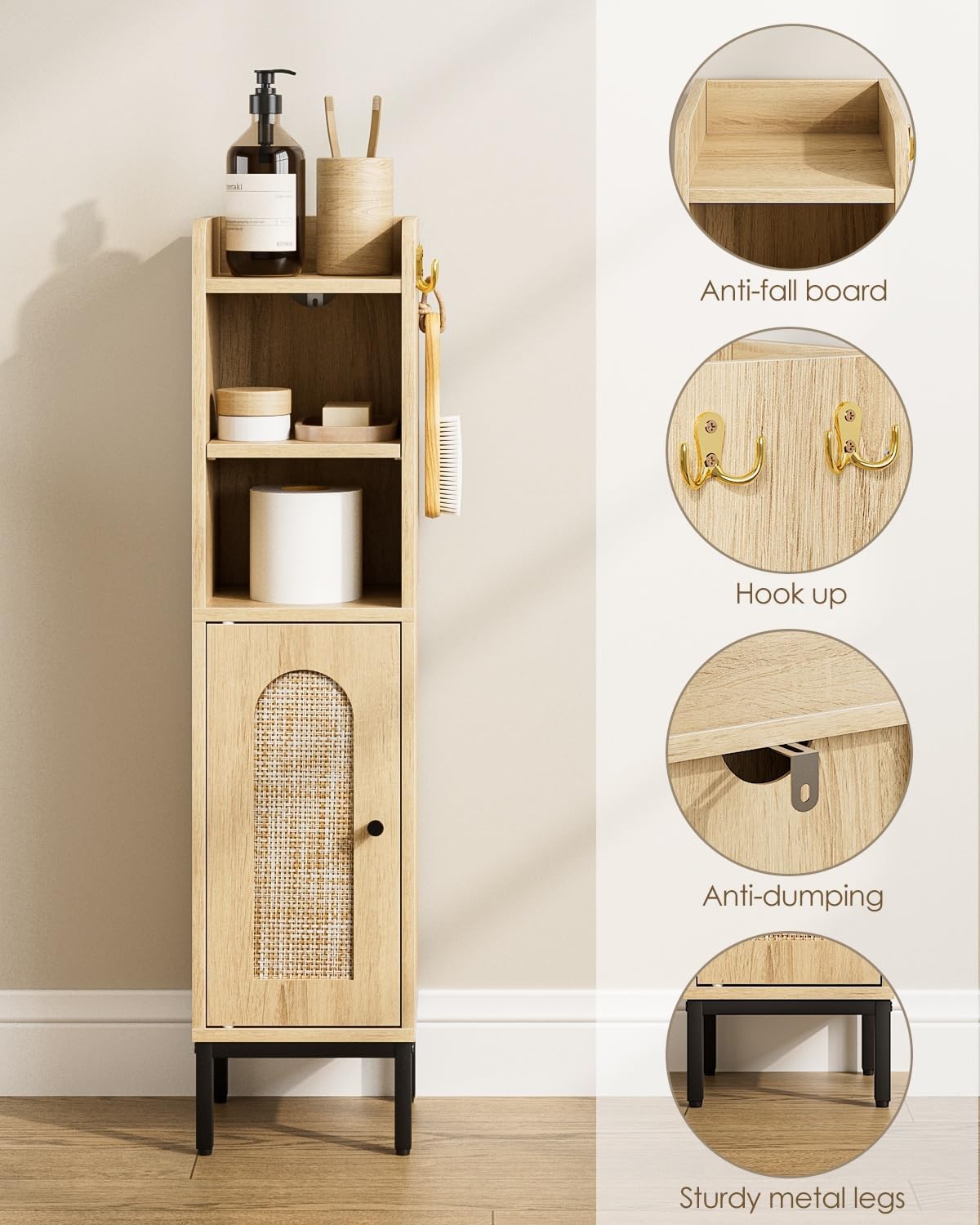 Slim Tall Bathroom Storage Cabinet Waterproof Oak Rattan Unit