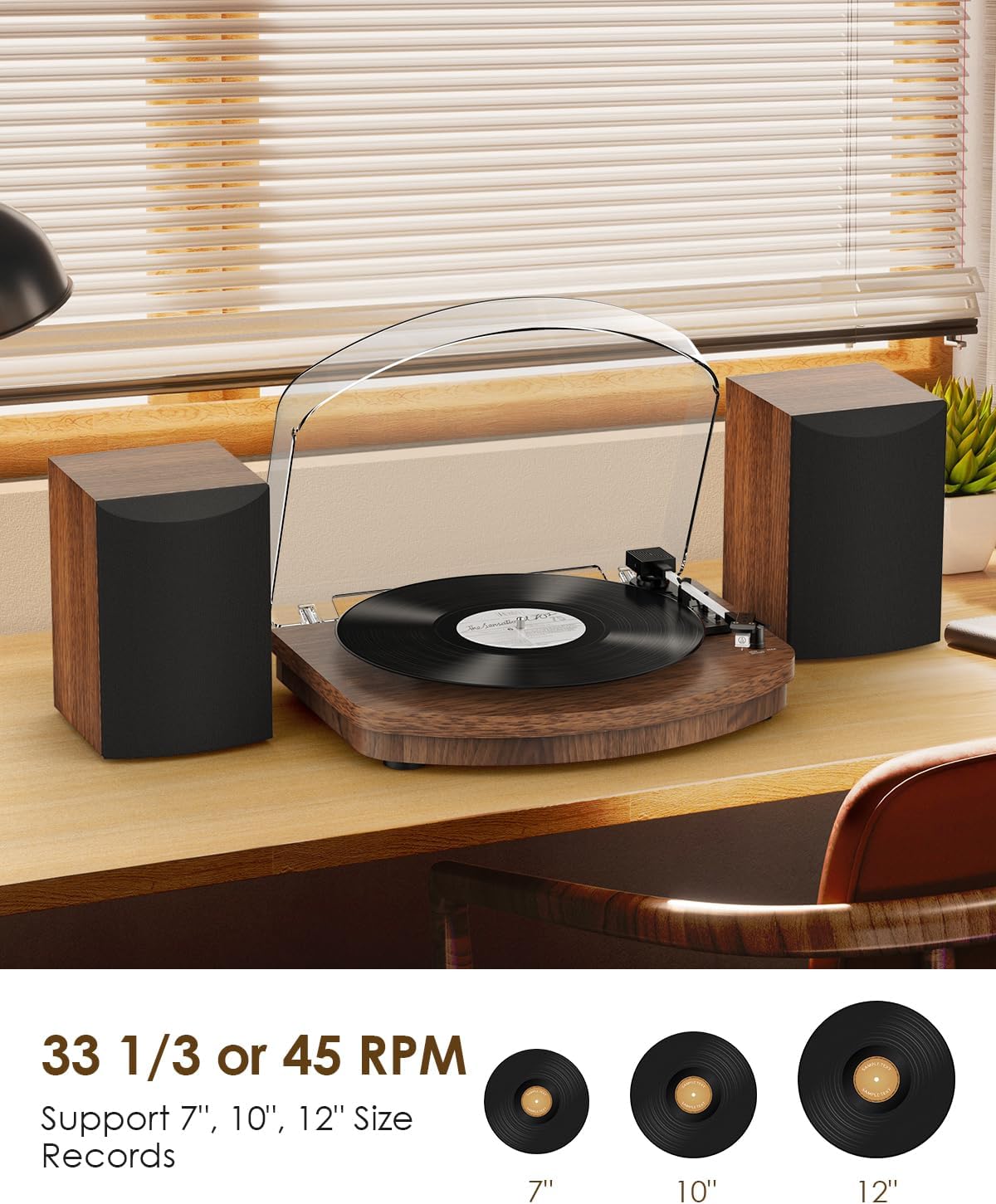 Walnut Vinyl Record Player With Dual Stereo Speakers
