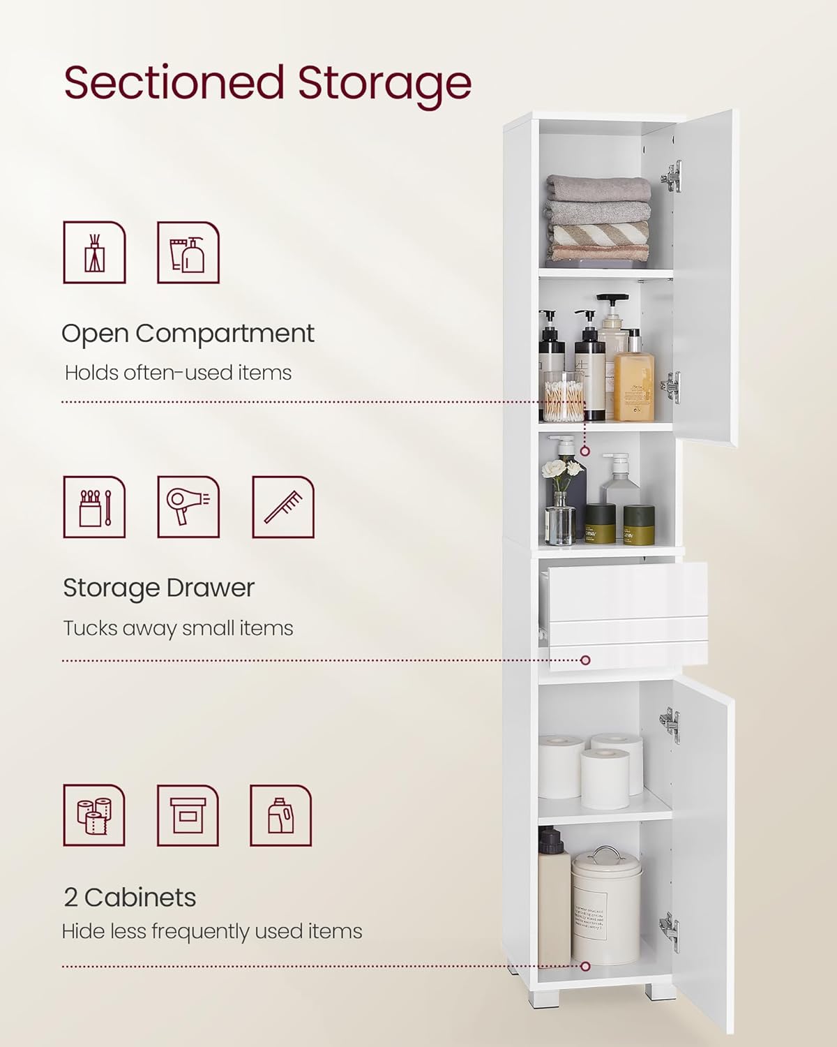 Tall Slim Bathroom Storage Cabinet Drawer Adjustable Shelves White 170cm