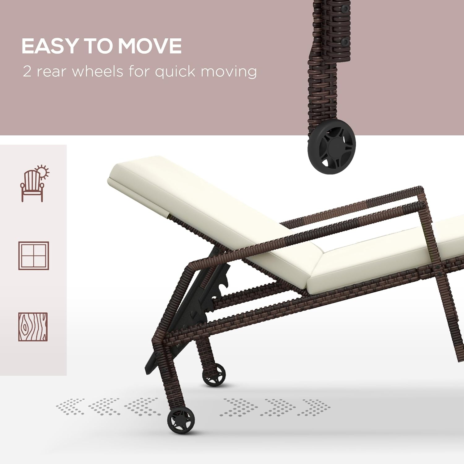 PE Rattan Sun Lounger Recliner 5 Position with Wheels Cream