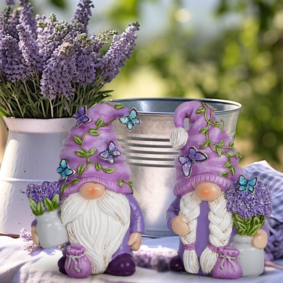 Lavender Gnome Set 2PCS Resin Fairy Elf Figurines Purple Decor