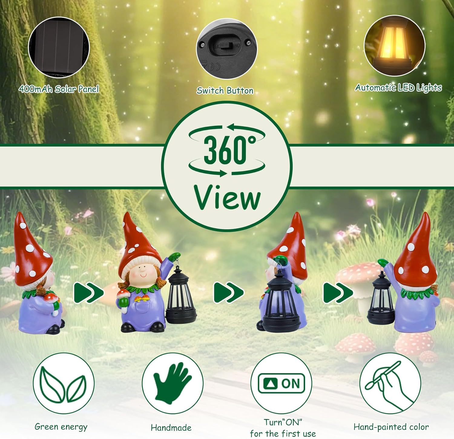 Solar Garden Gnome Statue LED Lantern Outdoor Patio Yard Decor