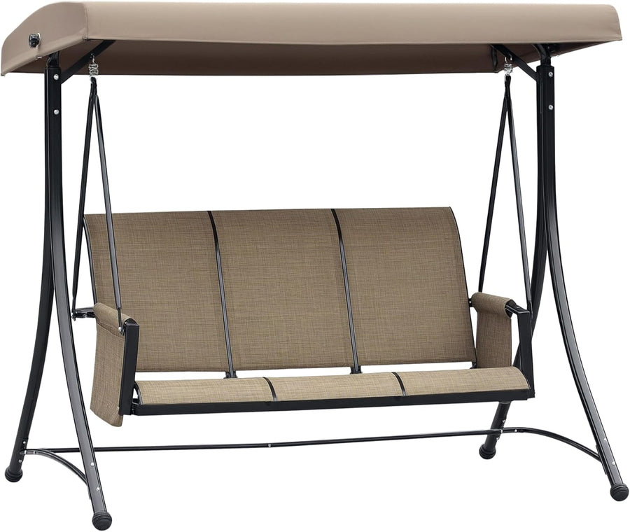 3 Seater Garden Swing Chair Canopy Side Pockets Brown