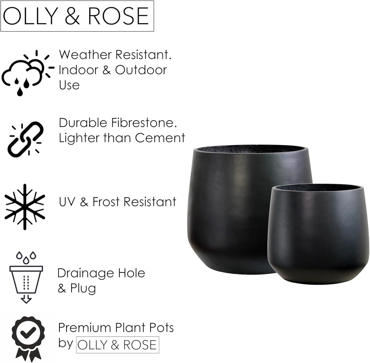 Set of 2 Large Black Planters 55cm 43cm Fibrestone Pots