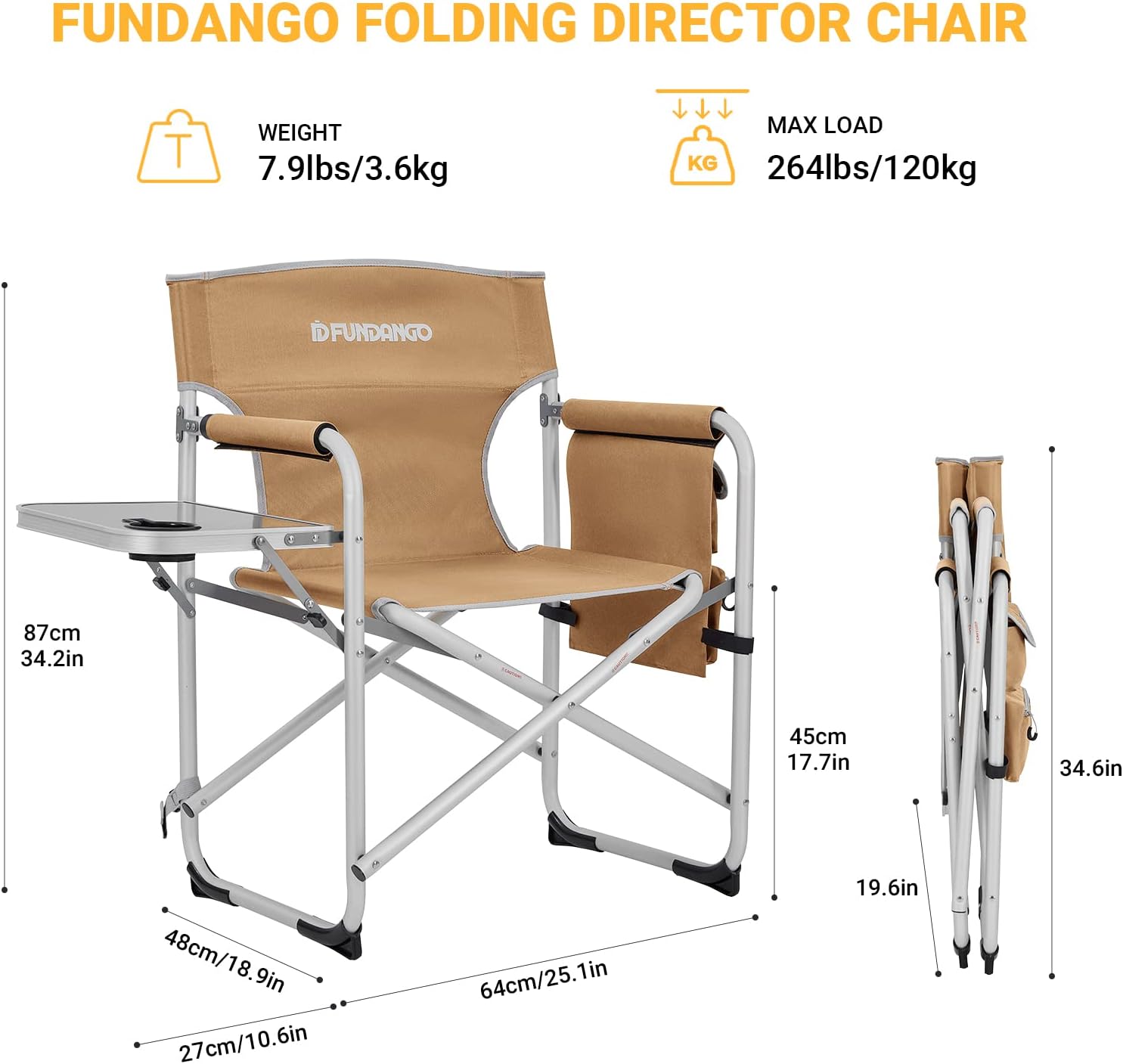 Lightweight Director Camping Chair with Side Table Khaki