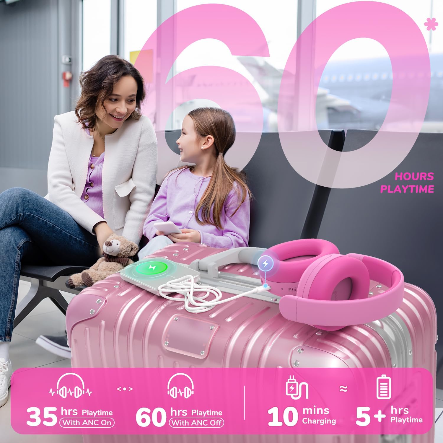 Kids Bluetooth ANC Headphones Safe Volume 60 Hour Battery Pink