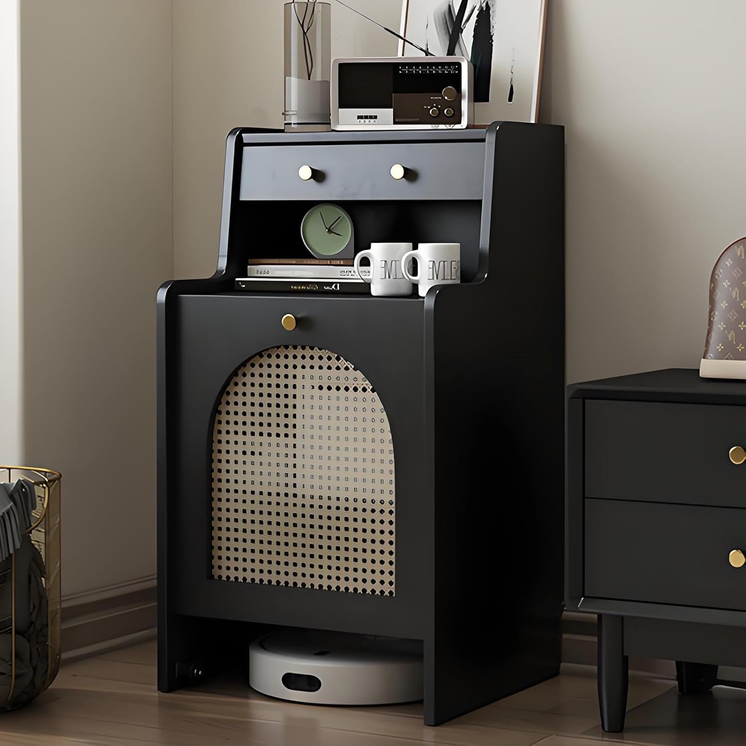 Robot Vacuum Storage Cabinet with Wheels Rattan Door Drawer Organizer