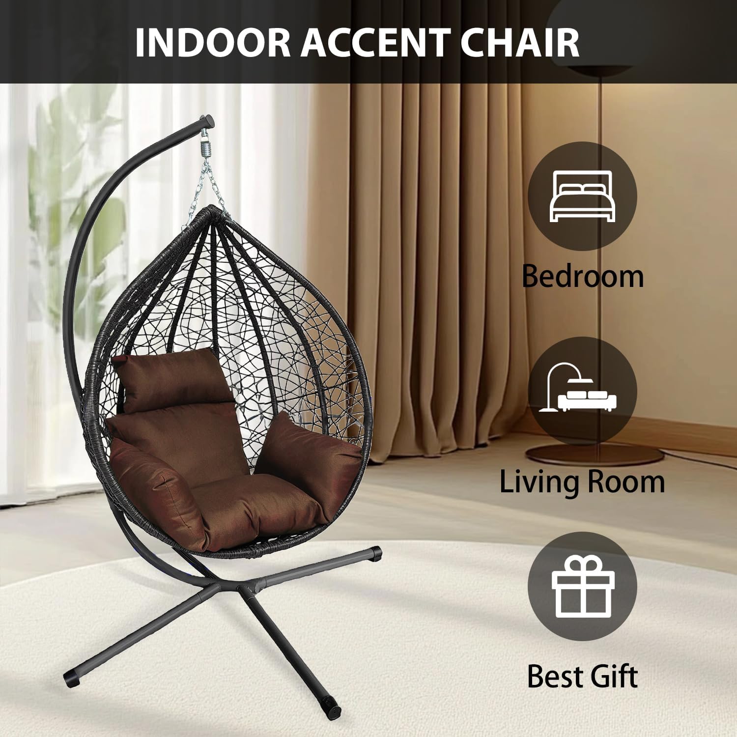 Rattan Hanging Egg Chair with Stand Cushion Black Brown
