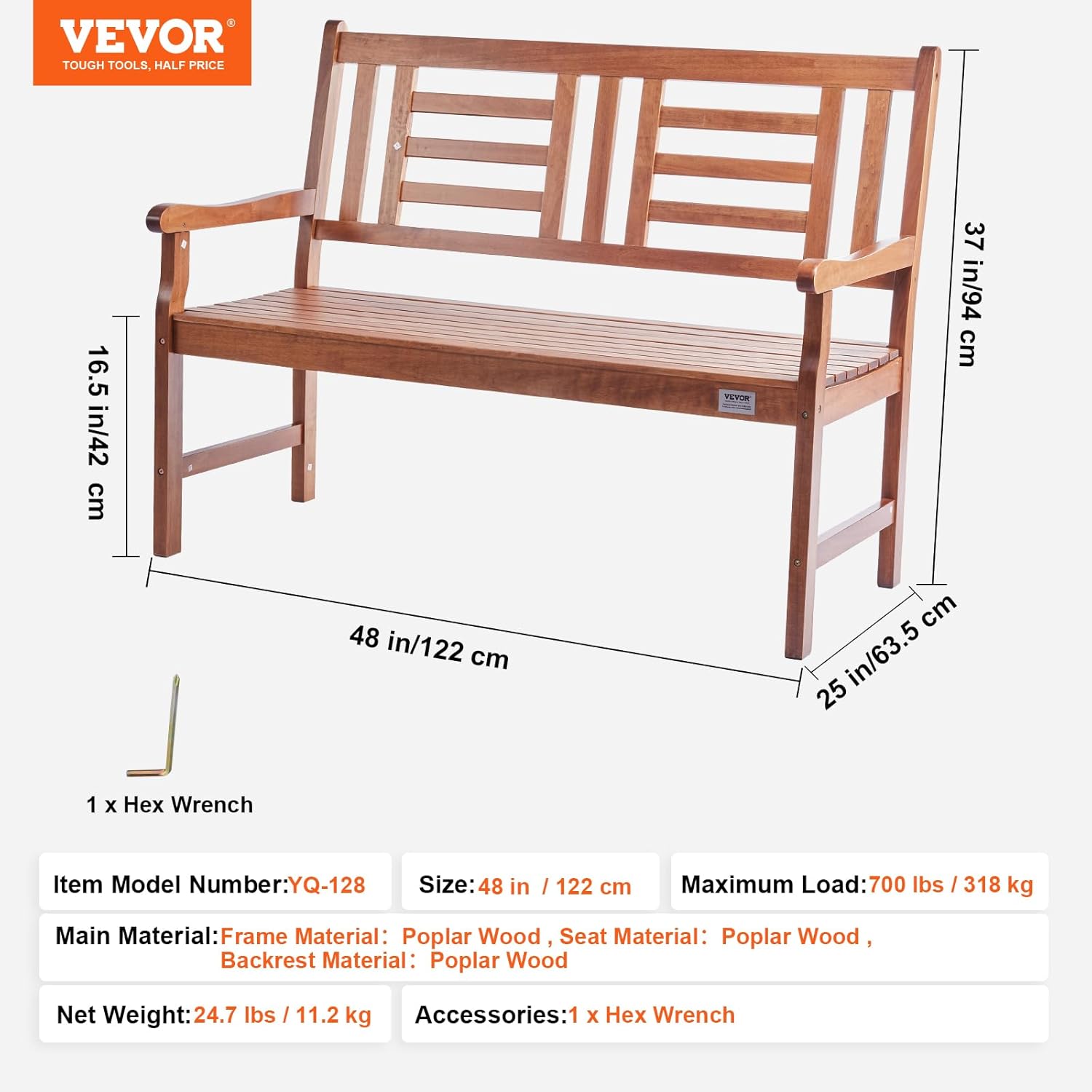 48" Wooden Garden Bench 3 Seater Patio Park Seat w/Armrests