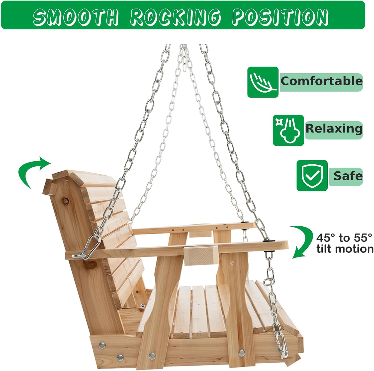 2 Seater Wooden Garden Swing Bench Cup Holders Natural