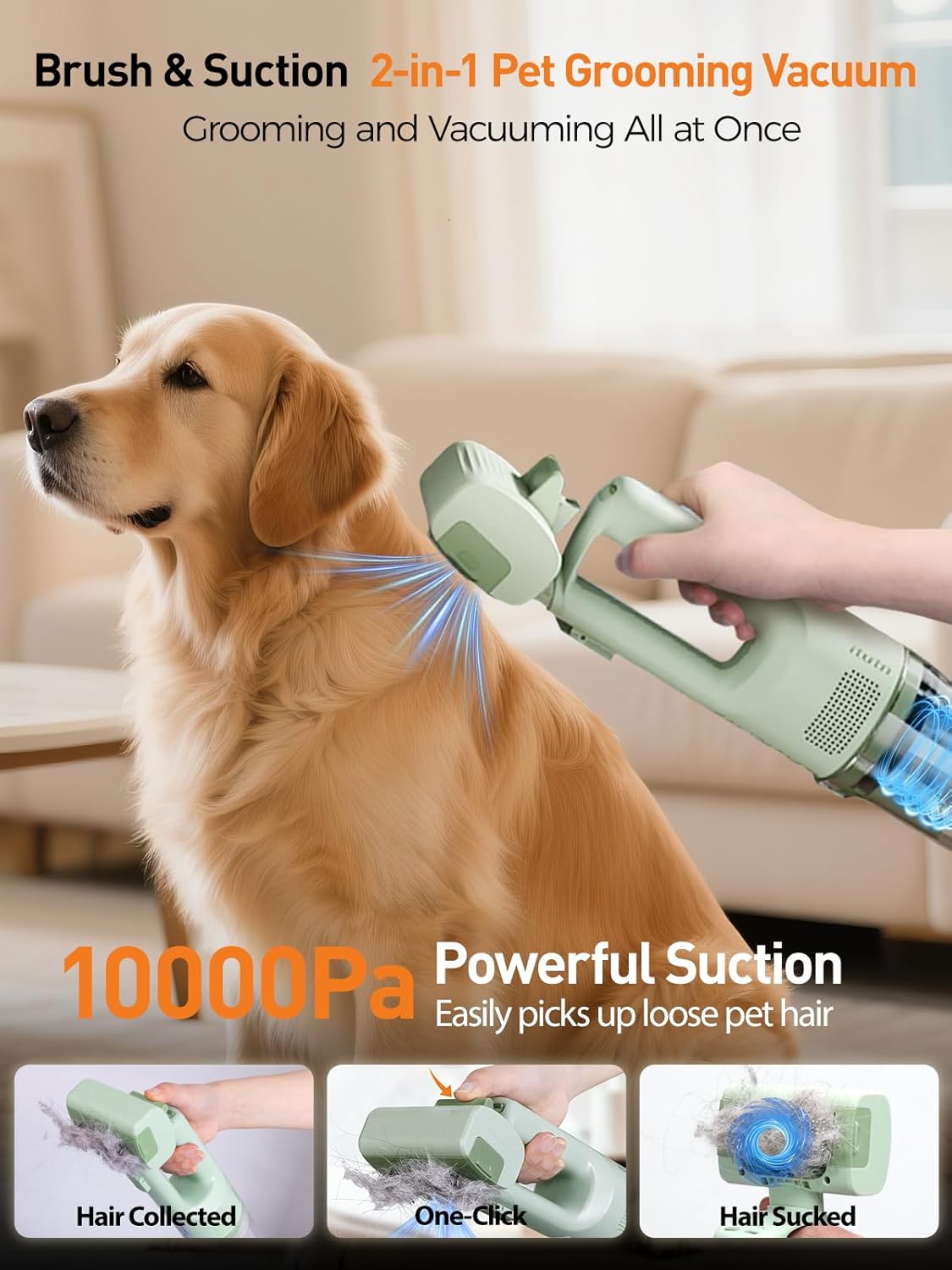 Cordless Pet Grooming Vacuum 10KPa Deshedding Brush Kit Green