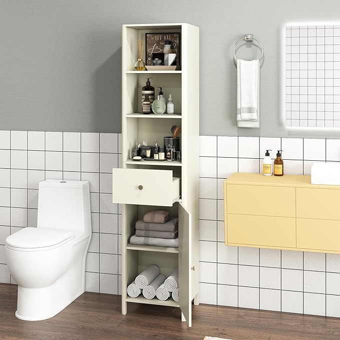 Tall Bathroom Storage Cabinet Beige Fluted Door Drawer 170cm
