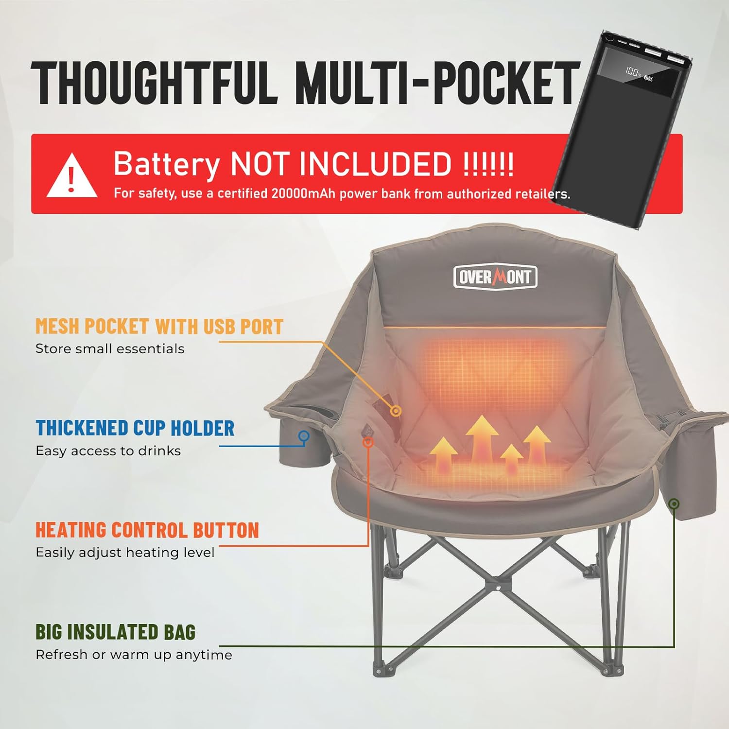 Heated XL Camping Chair 400lb Oversized Padded Khaki