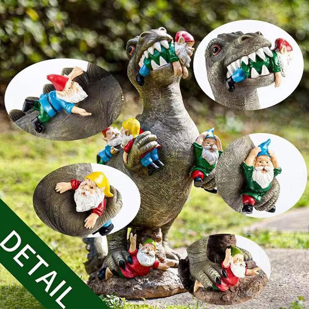 Funny Dinosaur Eating Gnomes Statue Resin Garden Decor Outdoor