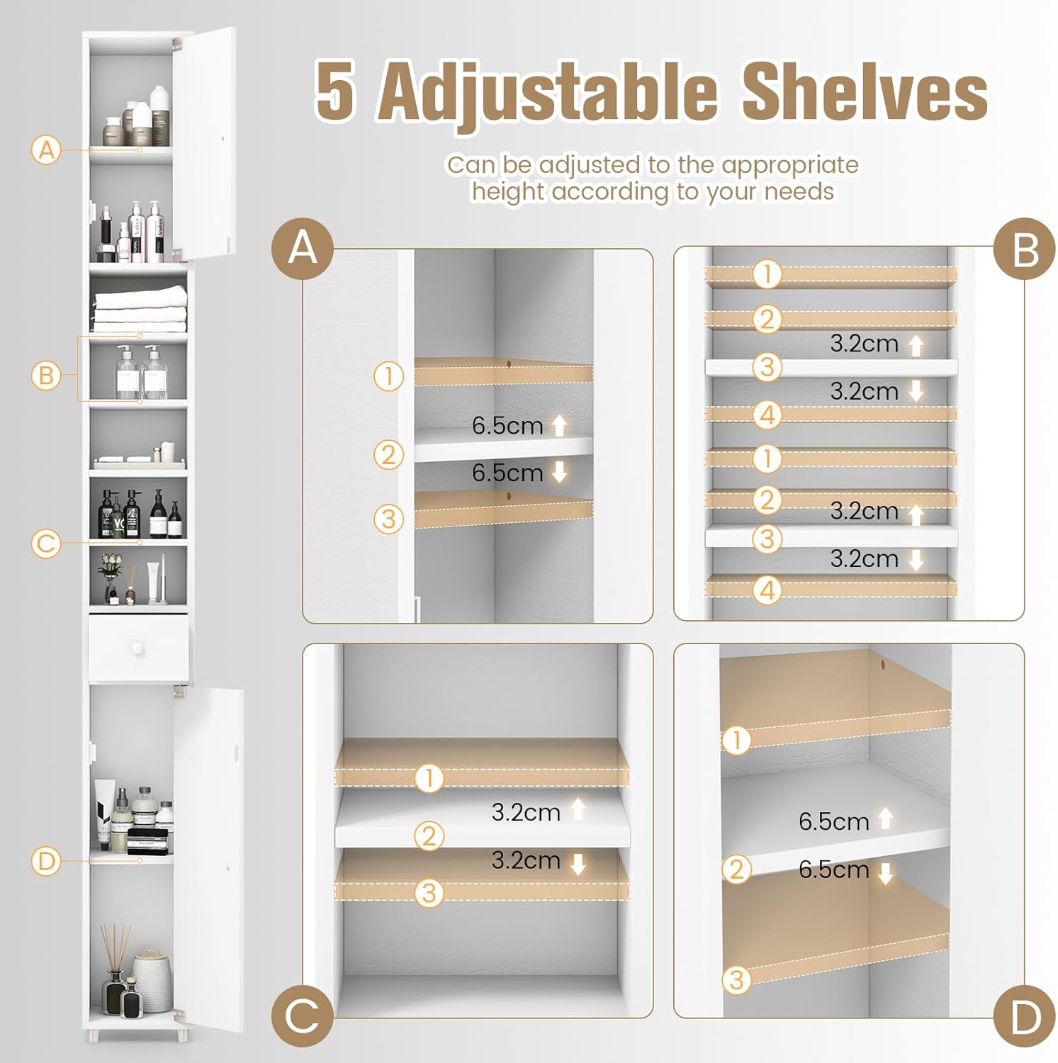 Tall Slim Storage Cabinet White Drawer Adjustable Shelf Unit