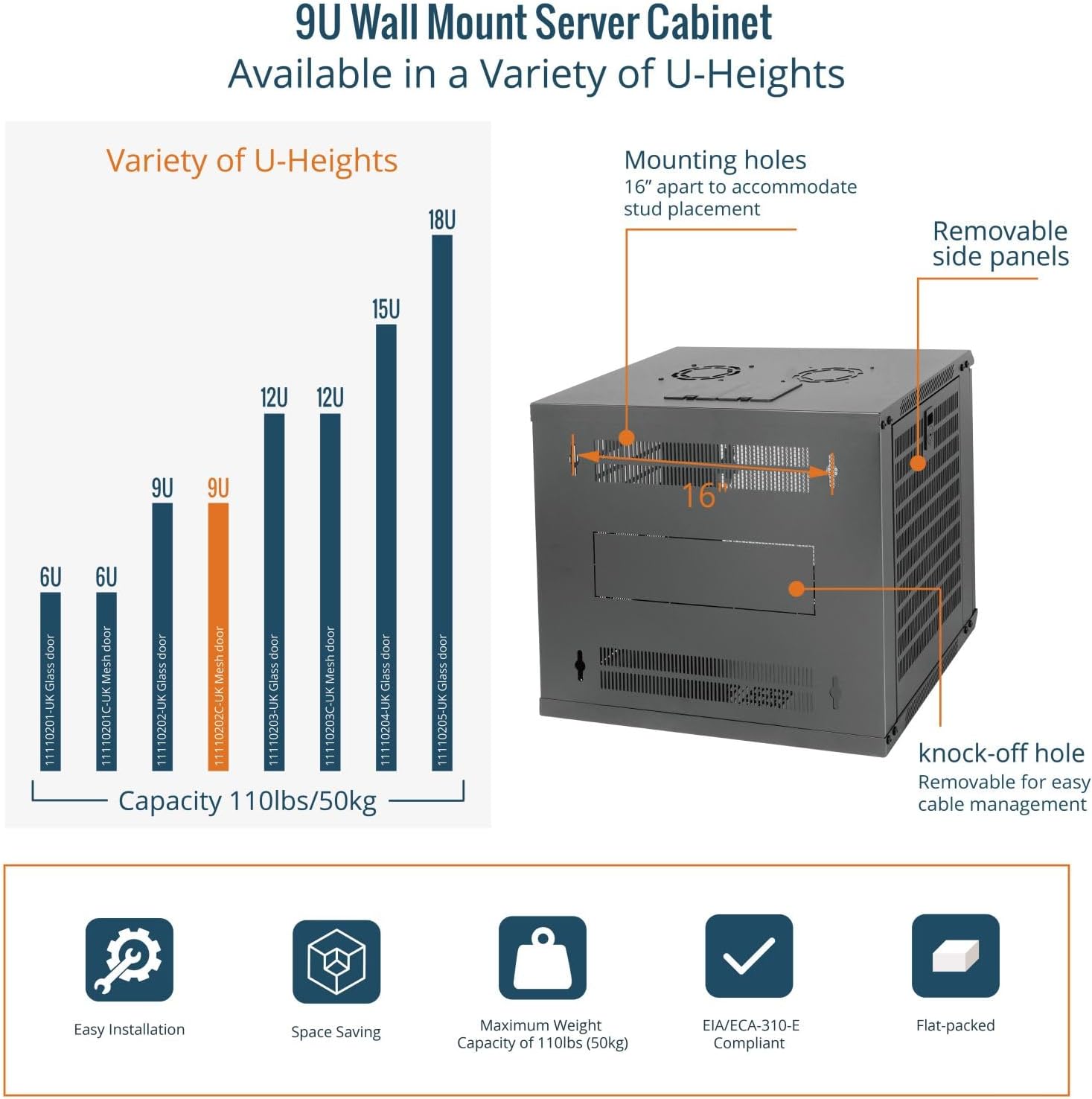 9U Wall Mount Server Cabinet 450mm Mesh Door Black