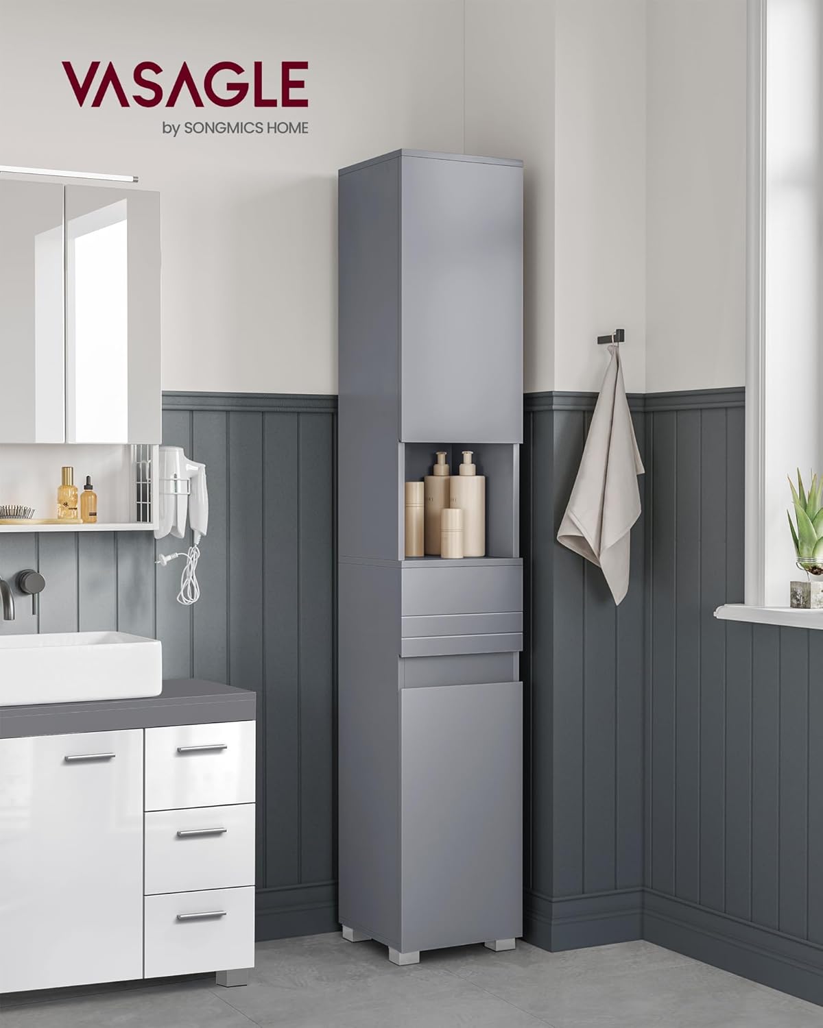 Tall Slim Bathroom Storage Cabinet Drawer Adjustable Shelves Grey 170cm