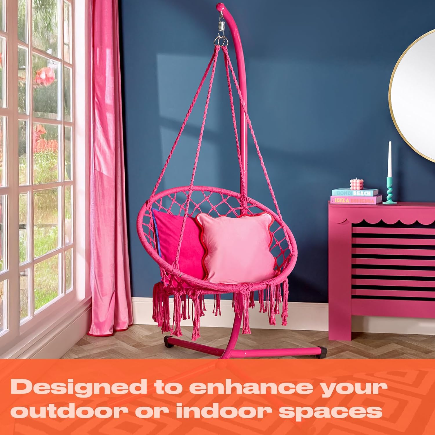 Hot Pink Macrame Egg Chair with Stand Hanging Swing