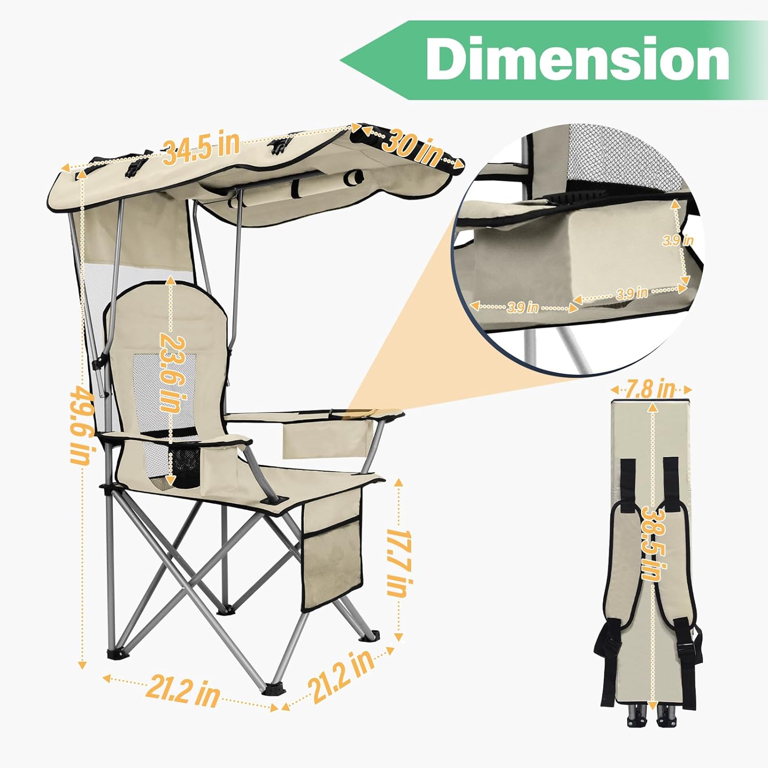 Camping Chair with Canopy Cooler Cup Holder White