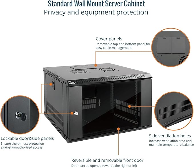 6U Wall Mount Server Cabinet 450mm Glass Door Rack Black
