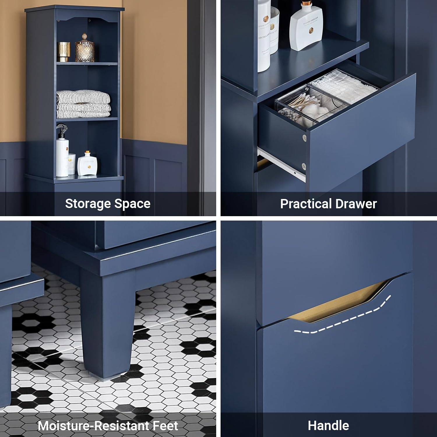 Navy Blue Tall Slim Bathroom Cabinet Shelves Drawer Unit