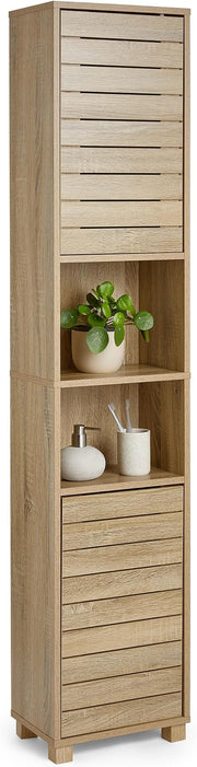 Tall Bathroom Cabinet Oak Effect Tallboy 2 Doors 7 Shelves Storage