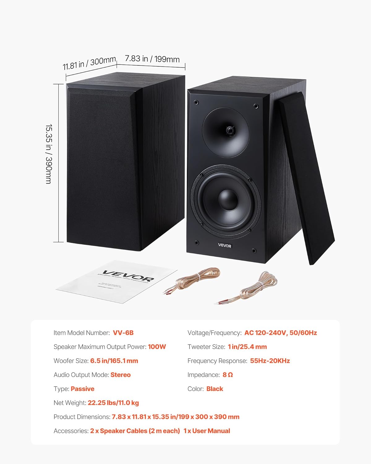Passive Bookshelf Speakers 6.5 Inch Woofer Stereo Home Theater Pair