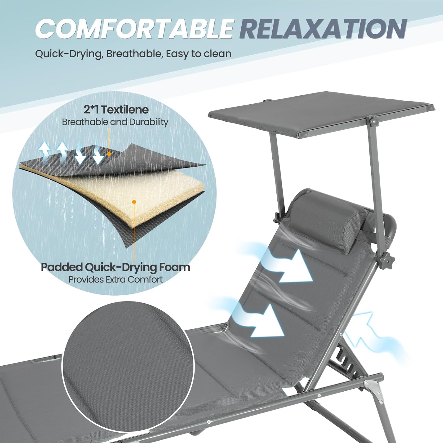 XXL Aluminium Sun Lounger with Sun Roof Adjustable Grey 200x70cm
