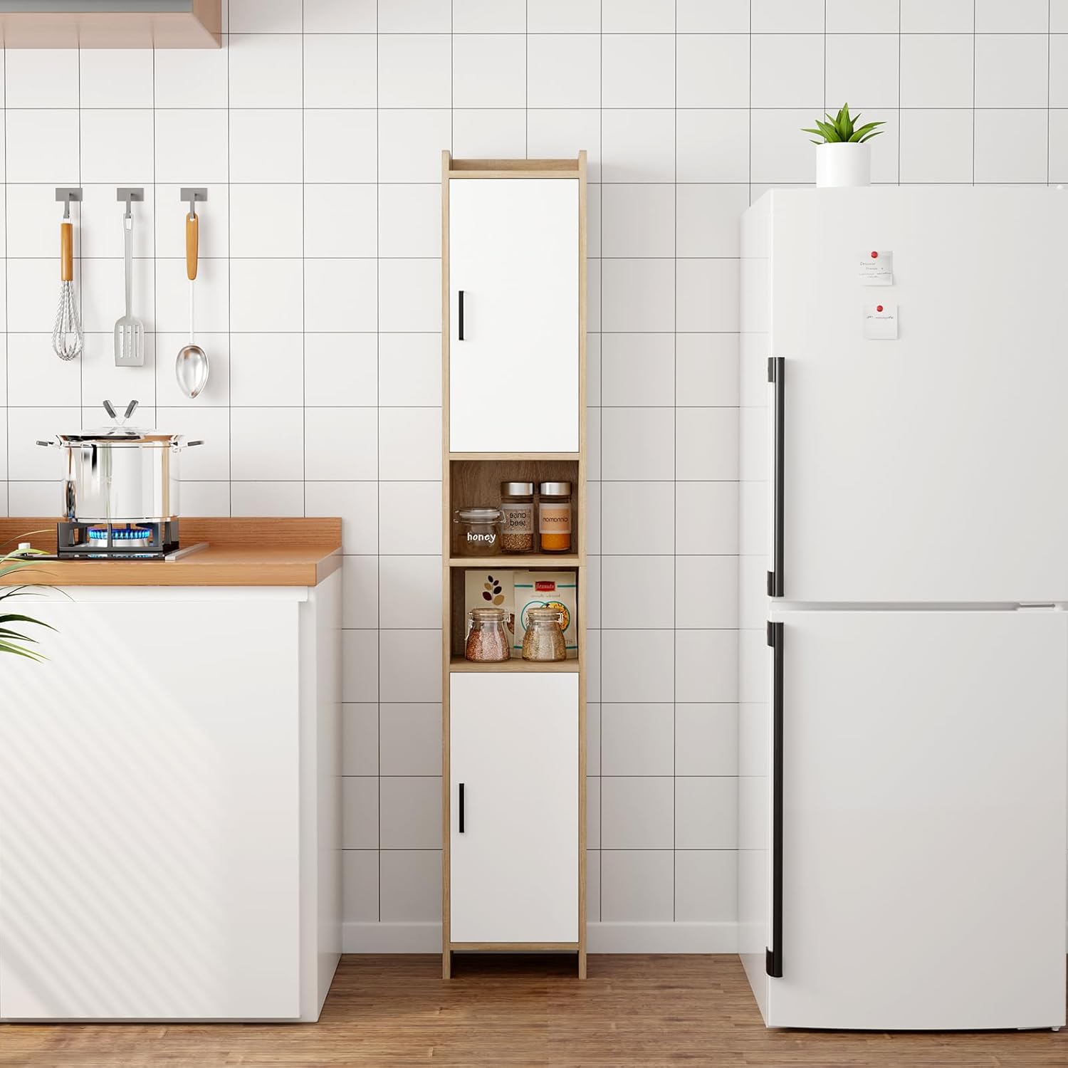 Tall Slim Bathroom Storage Cabinet 2 Doors White Maple 170cm