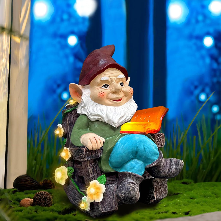 Solar Garden Gnome LED Reading Statue Decor