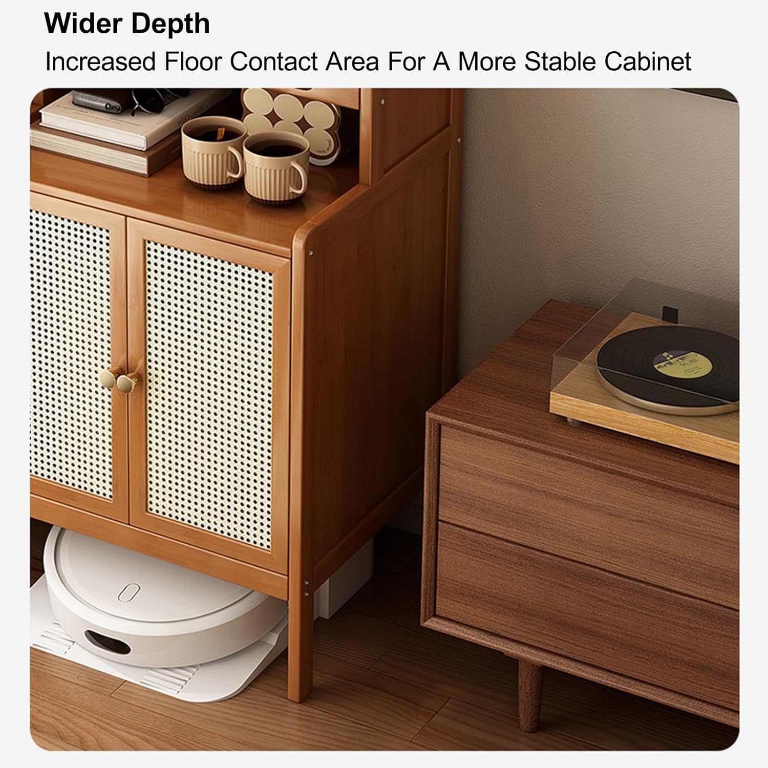 Hidden Robot Vacuum Cabinet Wood Side Table Storage Drawer Rattan Door