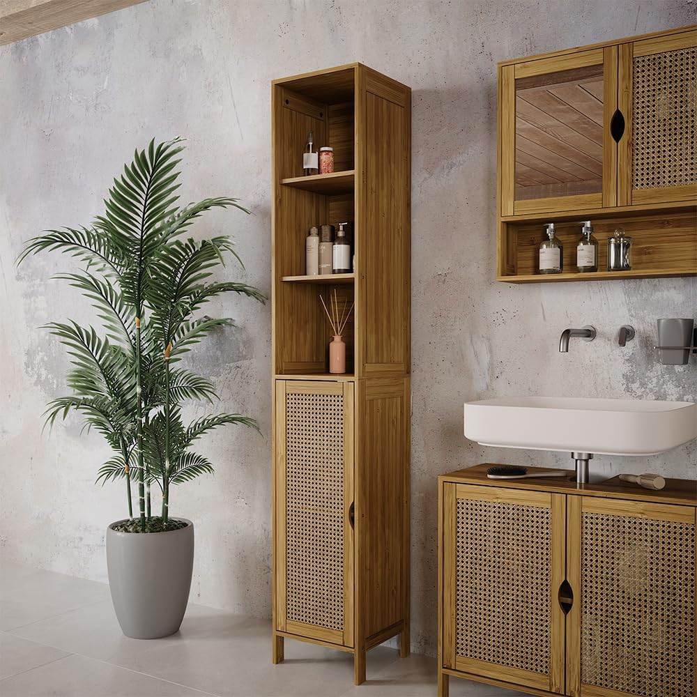 Slim Bamboo Bathroom Tall Cabinet Storage Shelf Towel Unit
