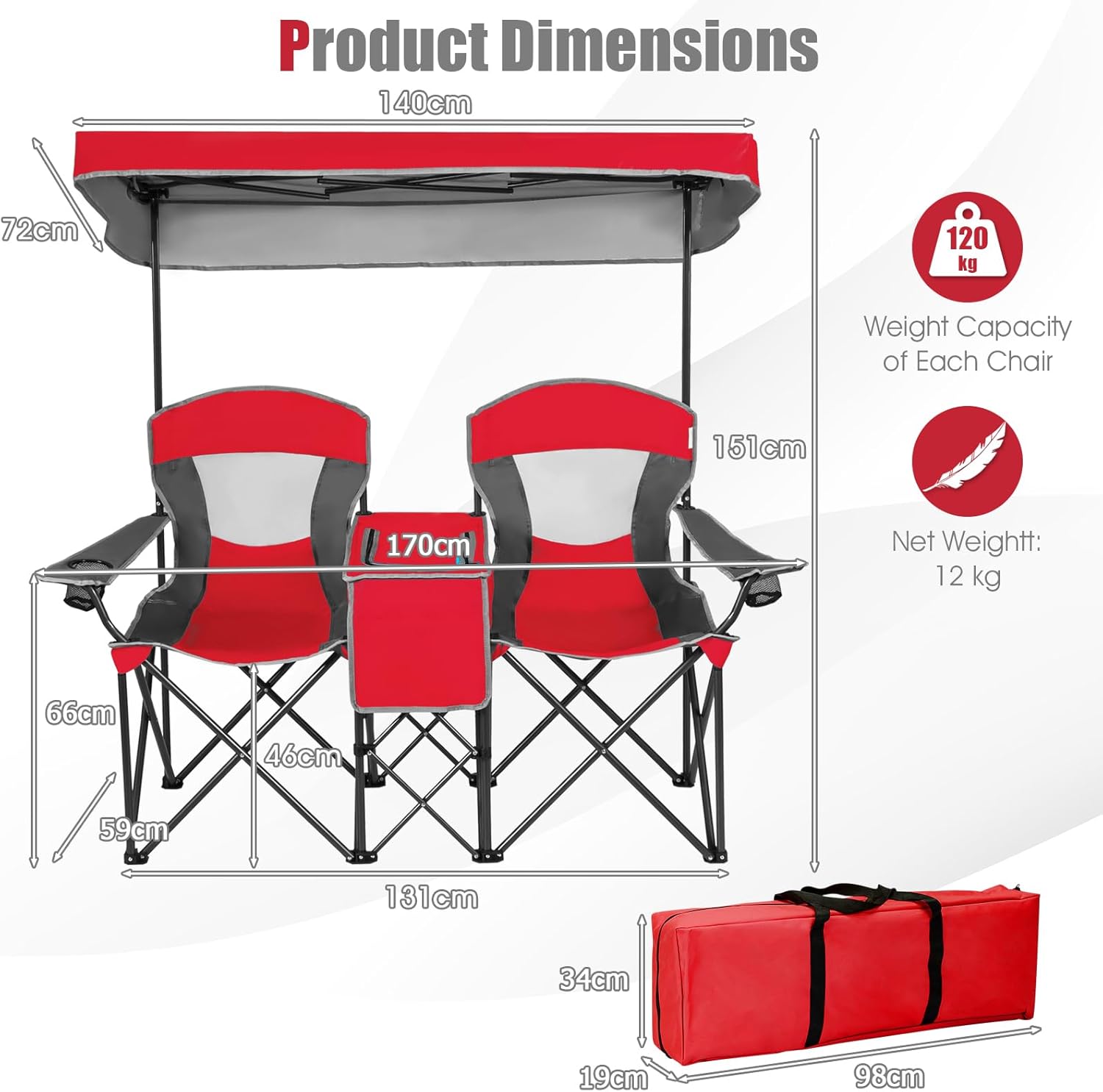 Double Camping Chair with Roll Up Shade Cooler Bag Red