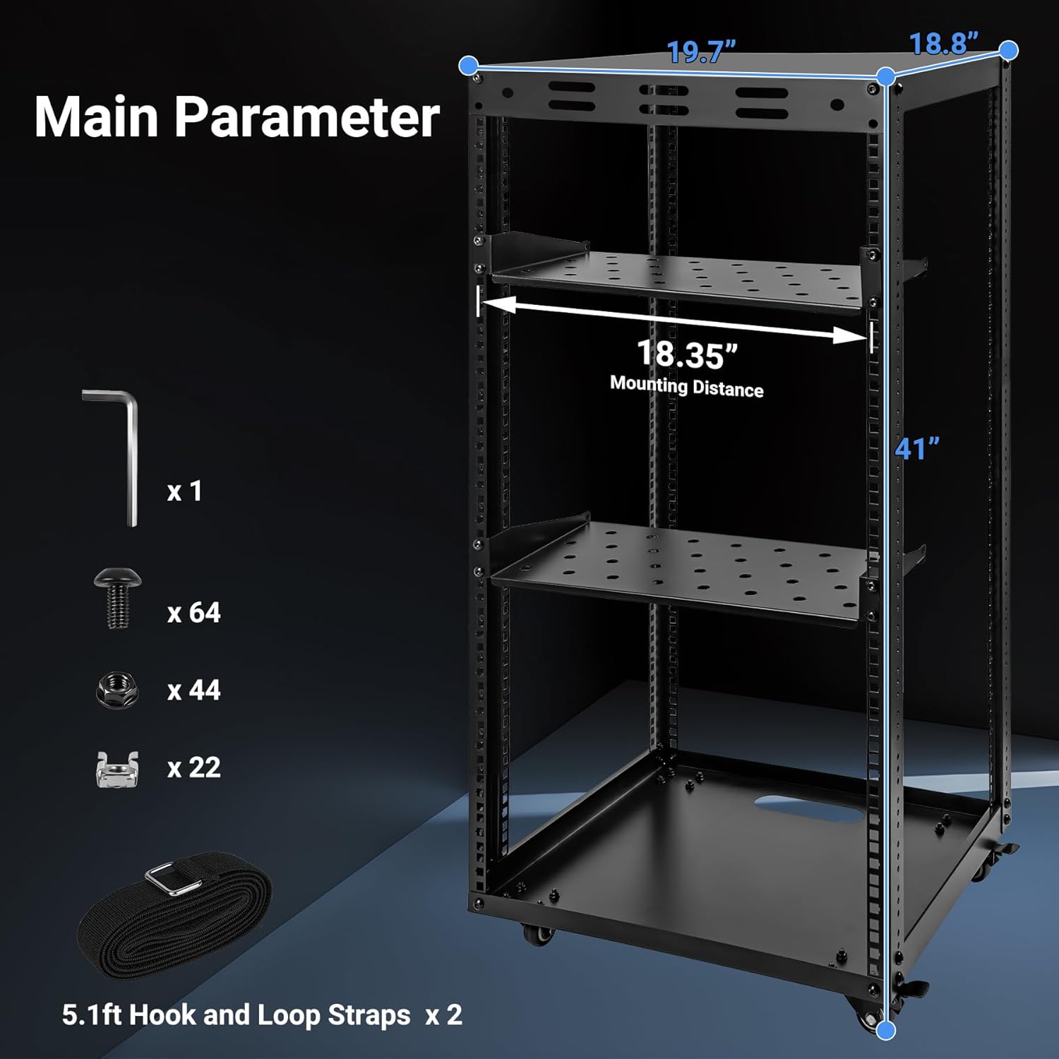 20U Open Frame Server Rack with Wheels 2 Shelves