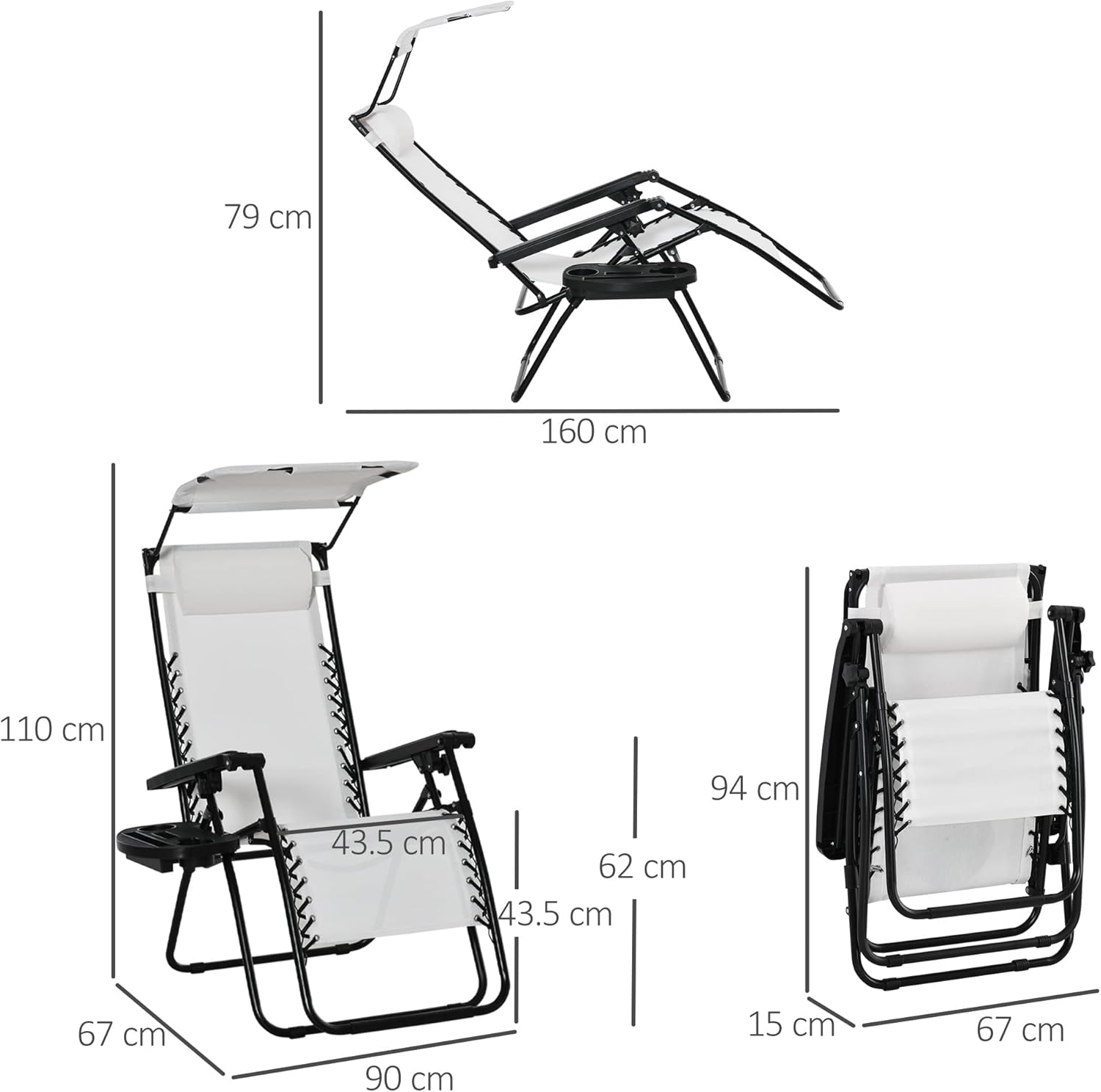 Zero Gravity Sun Lounger Chair Foldable with Canopy White