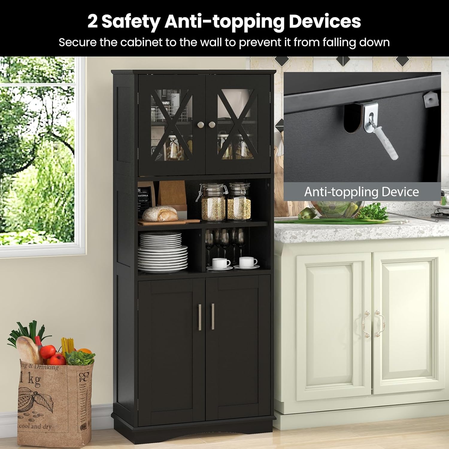 Tall Bathroom Storage Cabinet 4 Door Shelf Unit Black