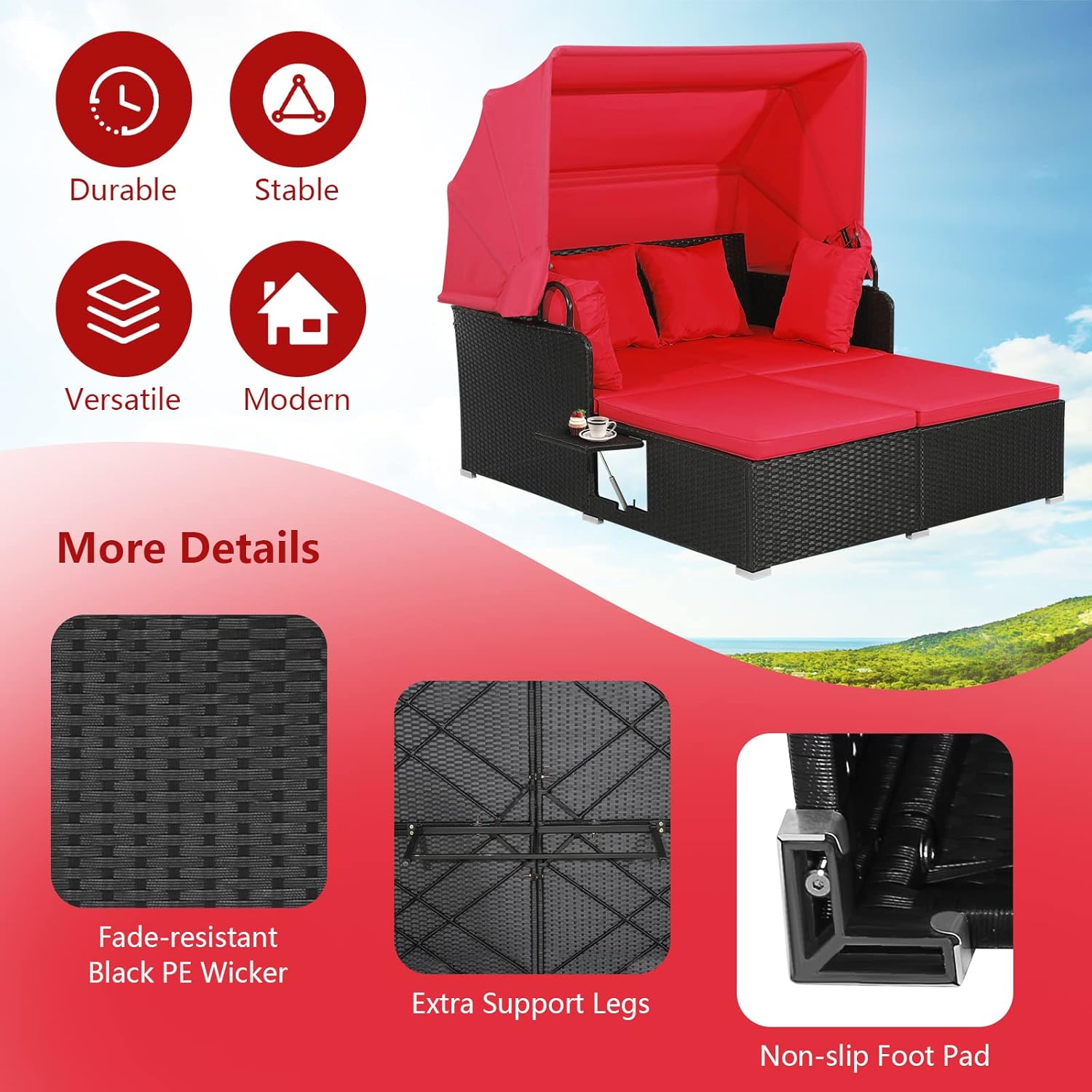 Rattan Garden Daybed 2 Seat Sun Lounger Canopy Red