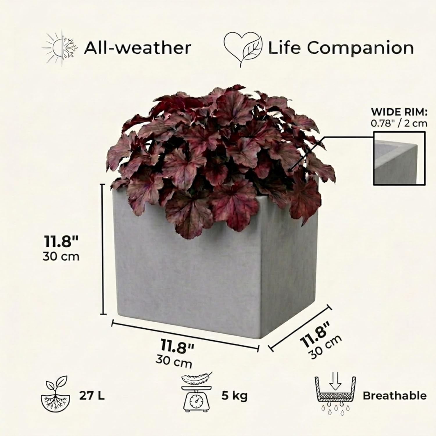 30cm Grey Square Planter Stone Effect Garden Pot Drainage