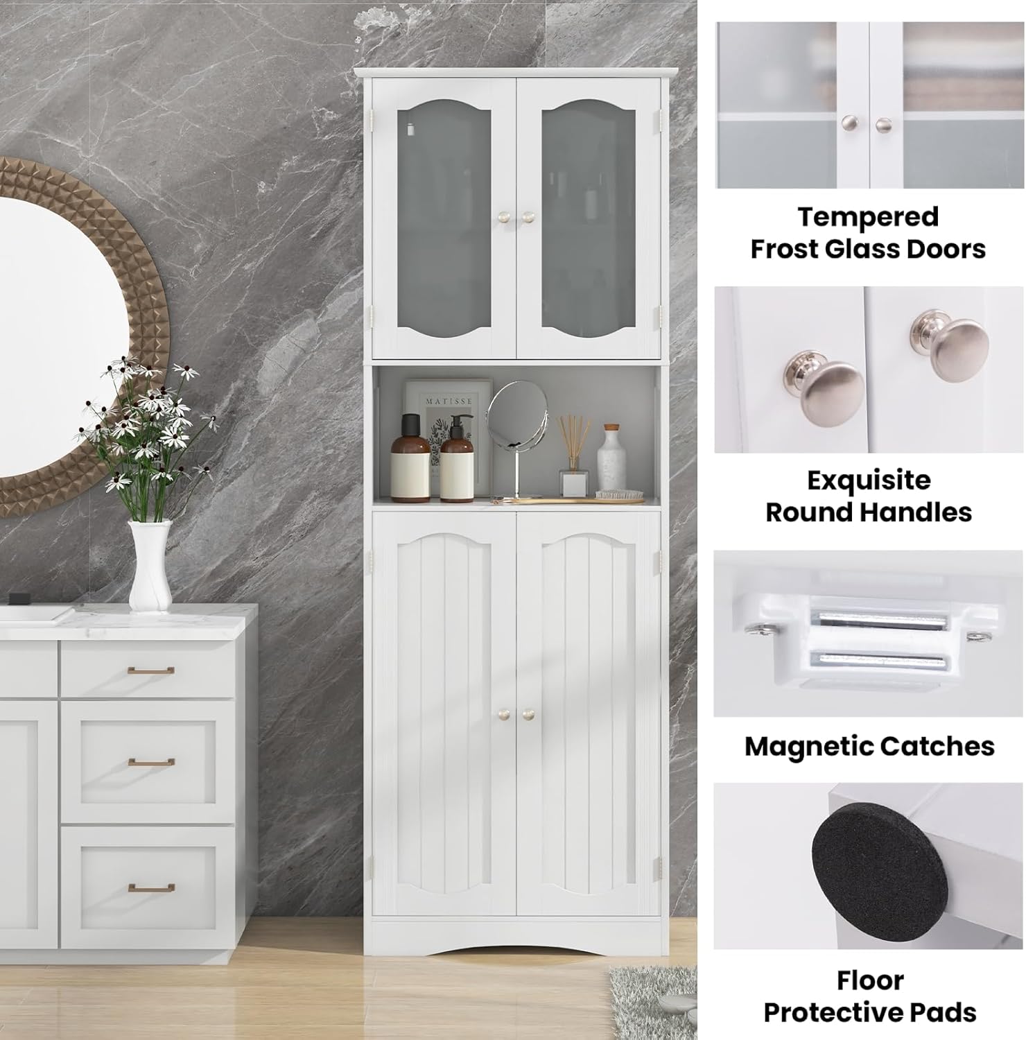 Tall Bathroom Cabinet White Frost Glass Door Shelf Unit