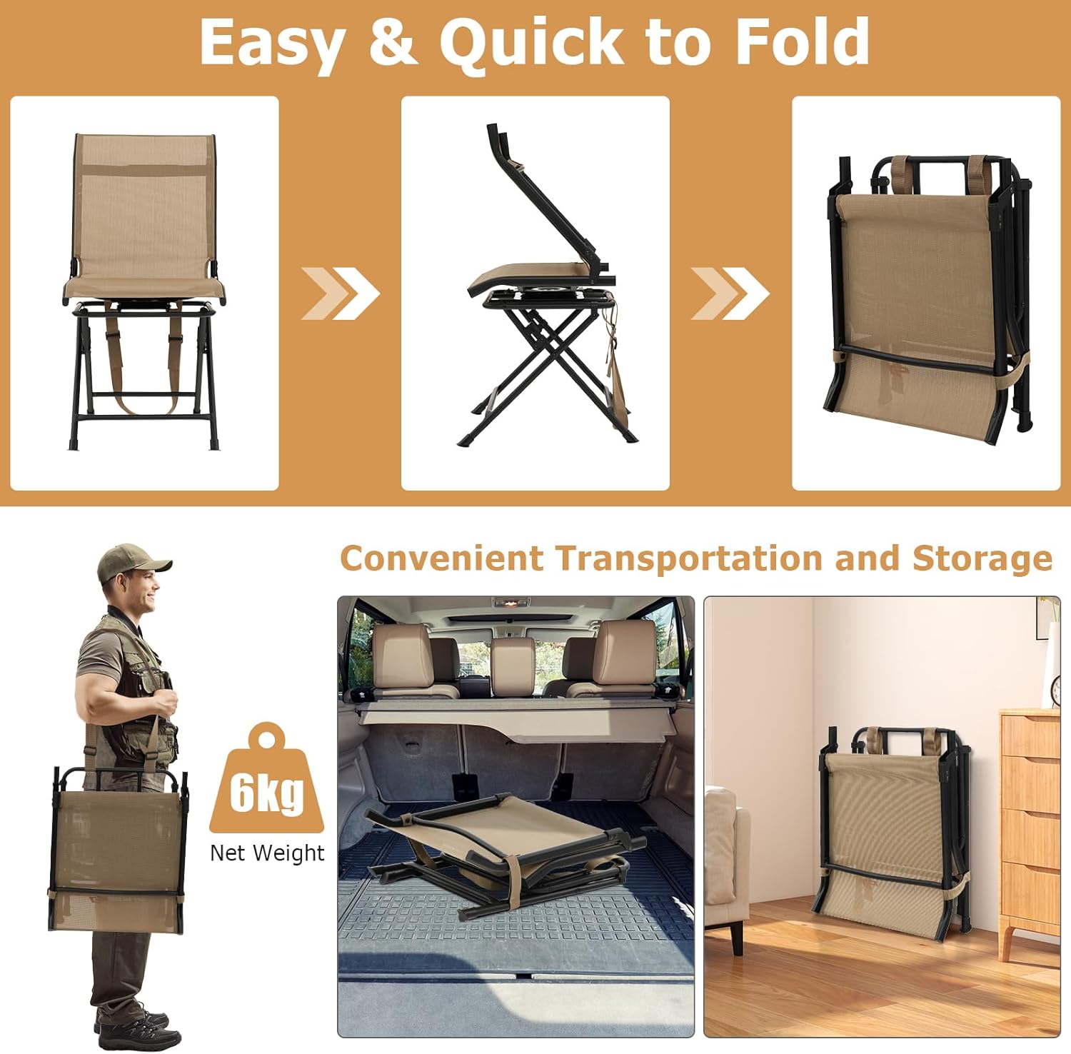 360 Swivel Folding Hunting Chair Mesh Back Brown