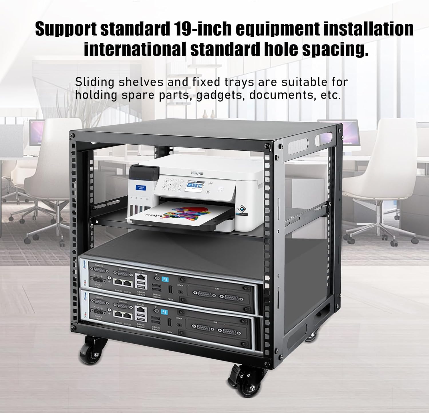 9U Open Frame Server Rack with Wheels 4 Post Mobile Stand