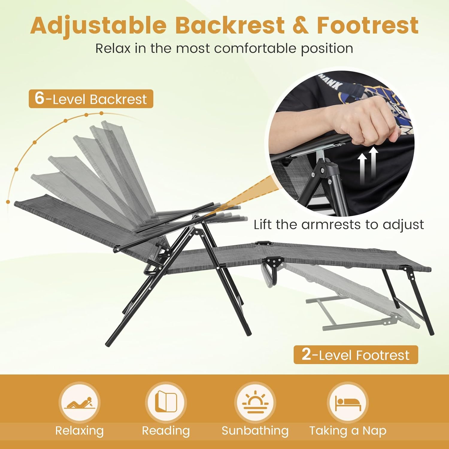 2 Folding Sun Loungers 6 Position Recliner Chairs Grey