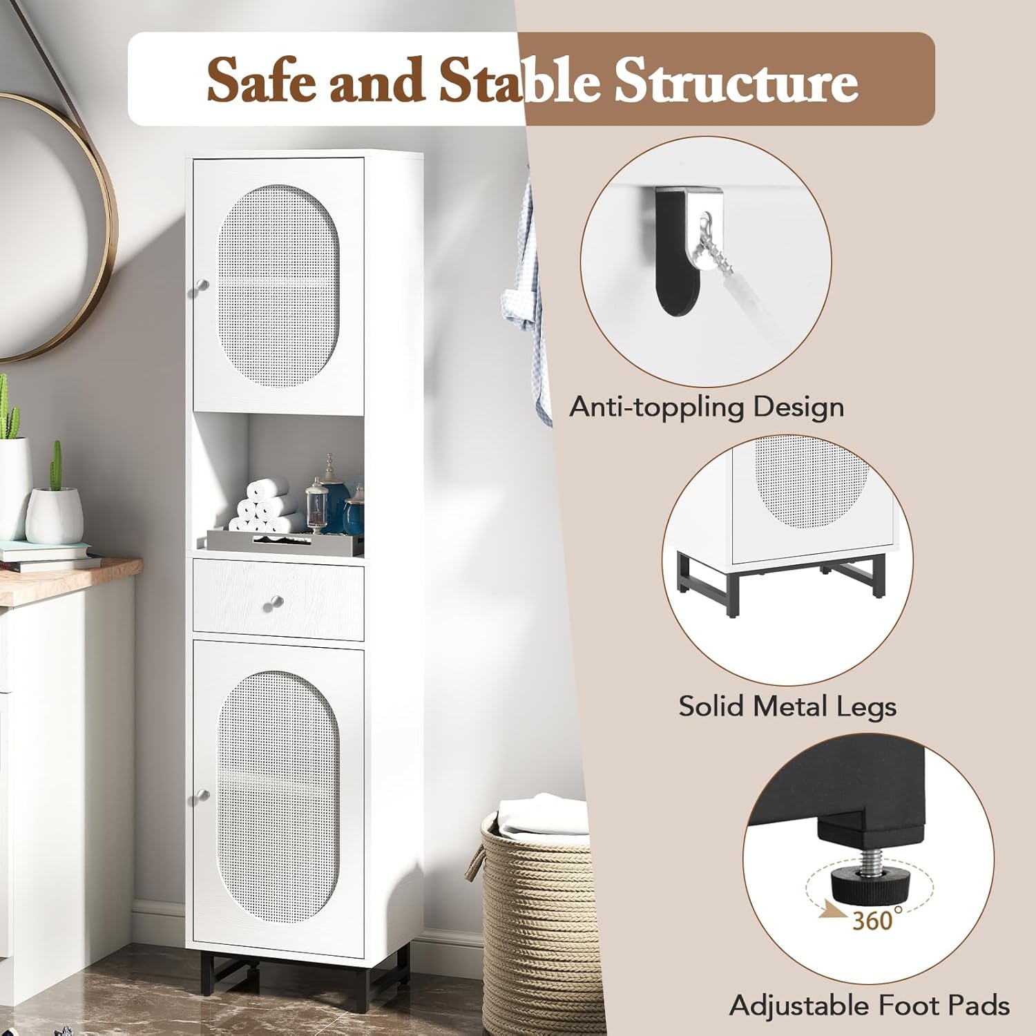 Tall Slim Storage Cabinet White Rattan Drawer Door Unit