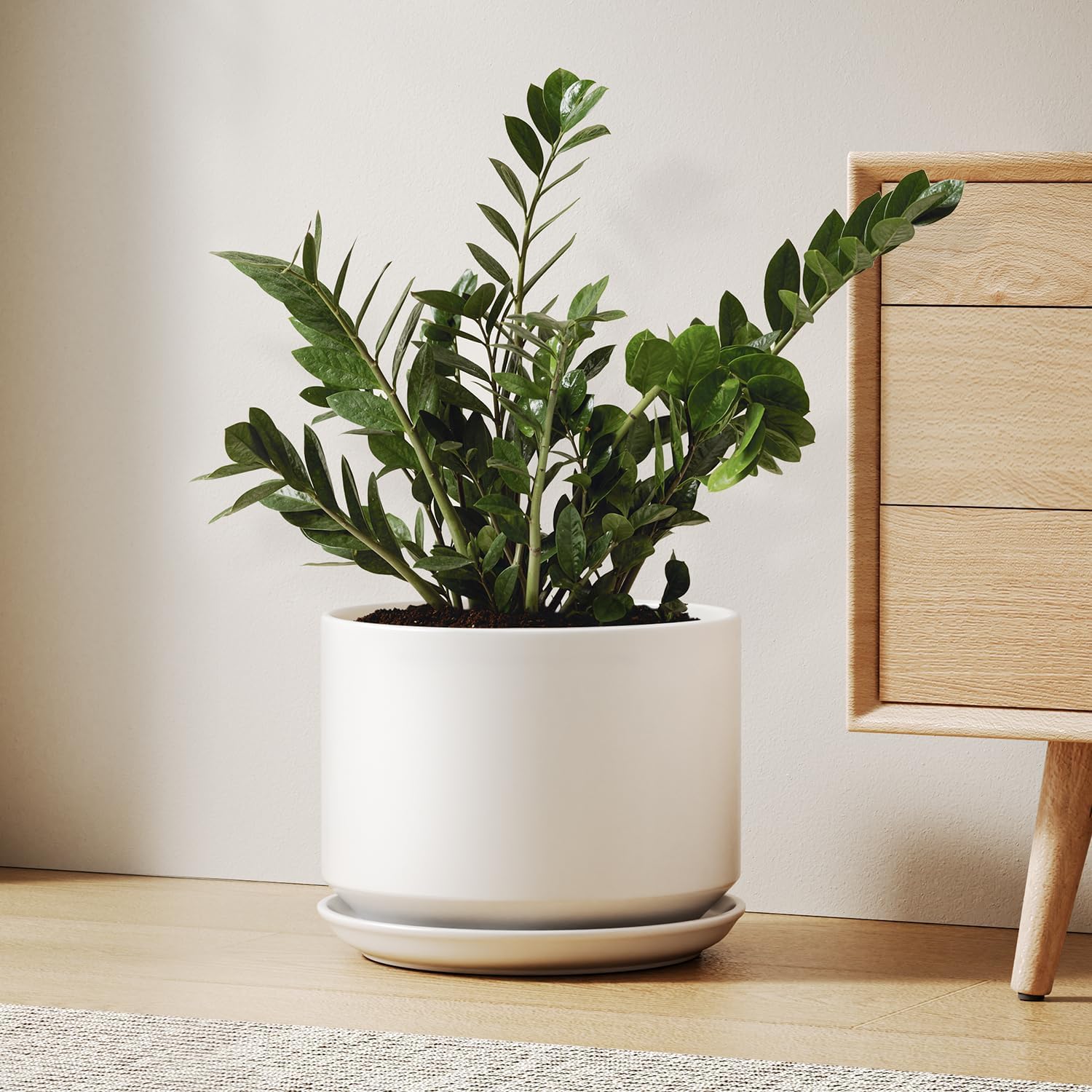 25cm Large White Ceramic Plant Pot with Saucer Modern
